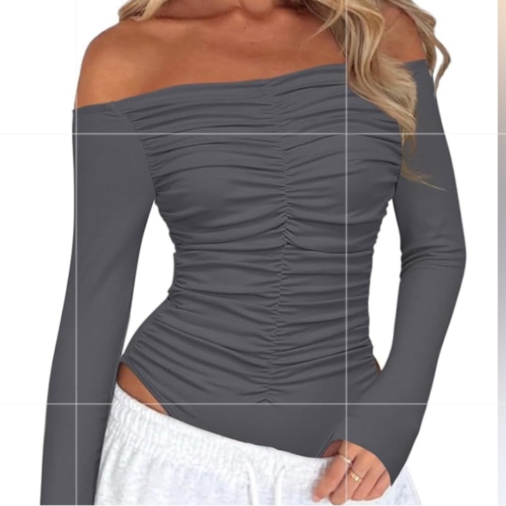 🎉New Off-Shoulder Ruched Long Sleeve Top - Gray